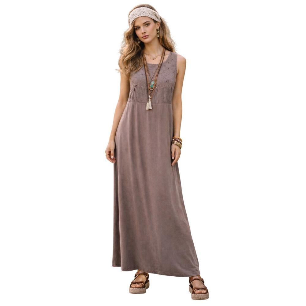 Johnny Was Collection Mauve Brown Embroidered Sleeveless Maxi Dress Small Boho